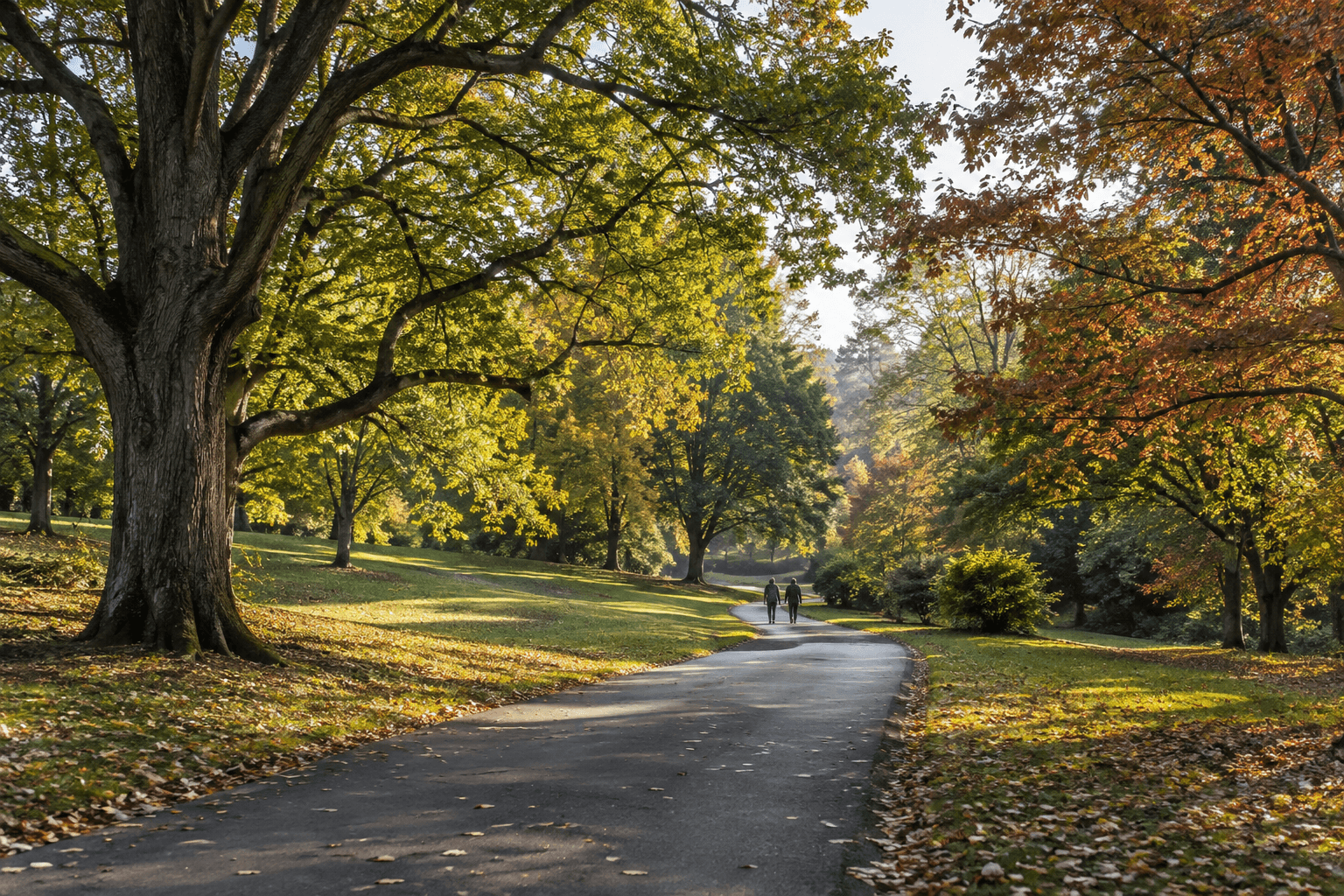 Illustration inspired by the Arnold Arboretum, with a curving path beneath mature autumn trees