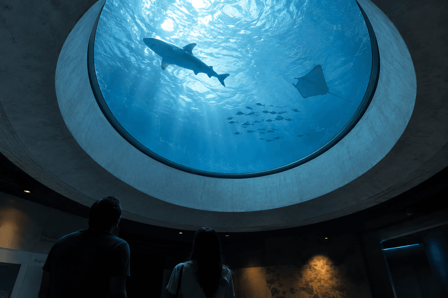 Illustration inspired by the Frost Science aquarium oculus, with blue water and marine life overhead