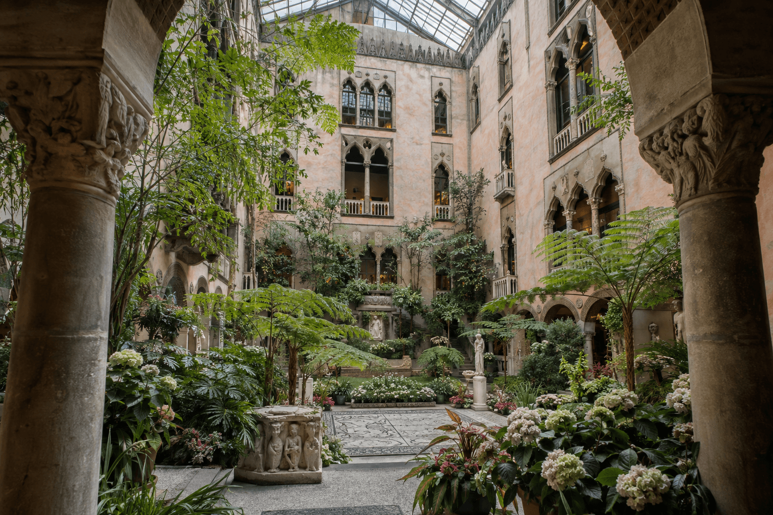 Illustration inspired by the Gardner Museum courtyard, with stone arcades, lush plants, and a glass roof