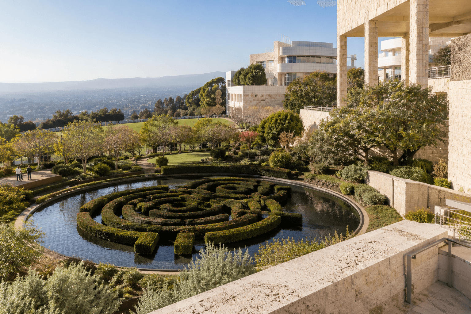 Illustration inspired by the Getty Center, with a circular garden pool and pale modernist buildings