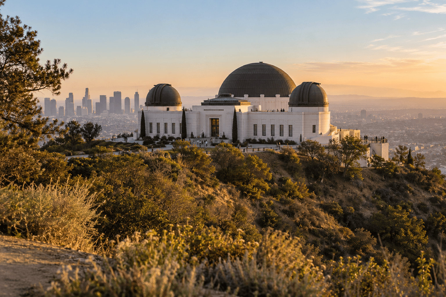 Illustration inspired by Griffith Observatory, with white architecture and dark domes above Los Angeles