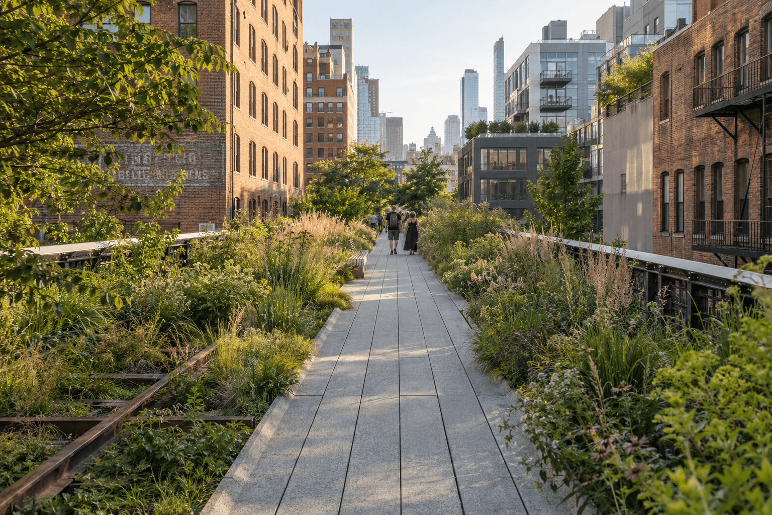Illustration inspired by the High Line, with a planted walkway between New York buildings
